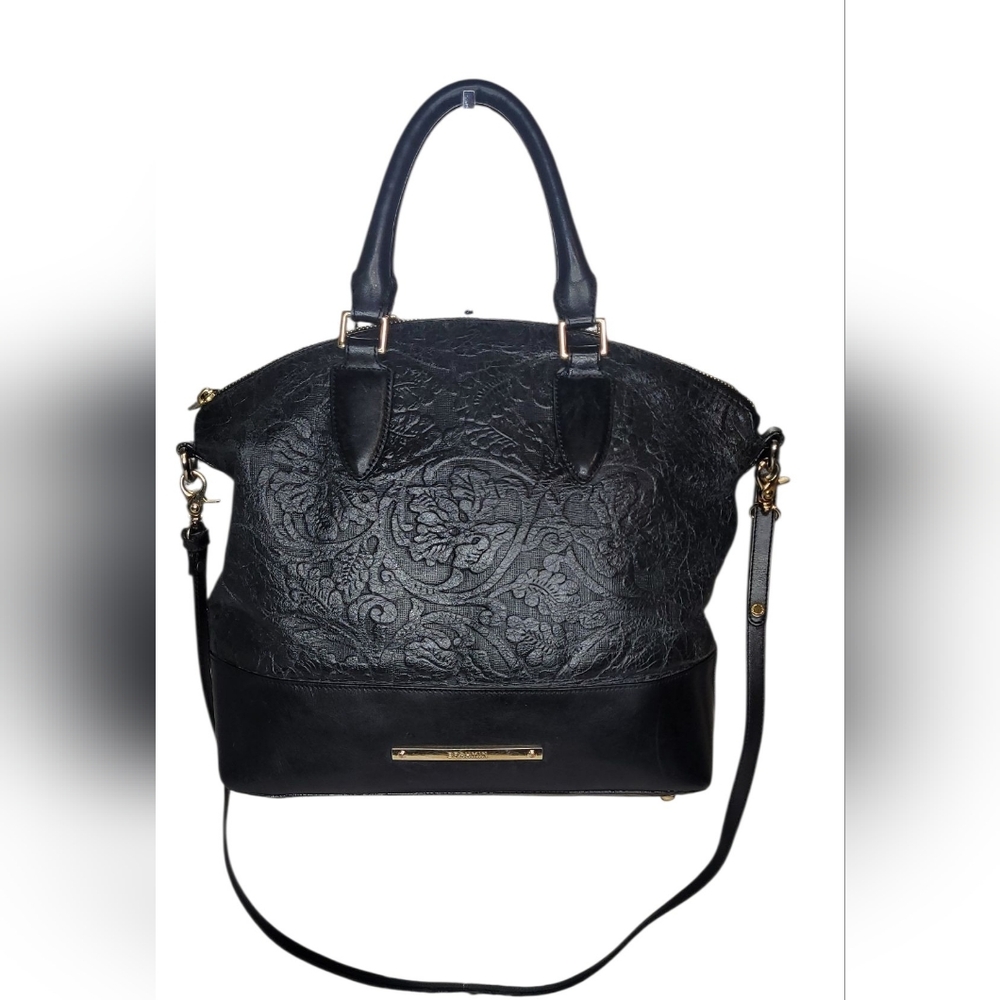 Brahmin Embossed Black Leather Shoulder, Crossbody, Satchel handbag